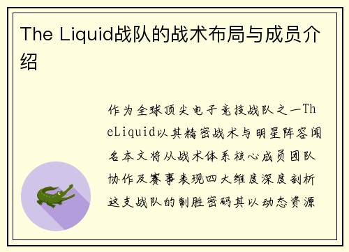 The Liquid战队的战术布局与成员介绍