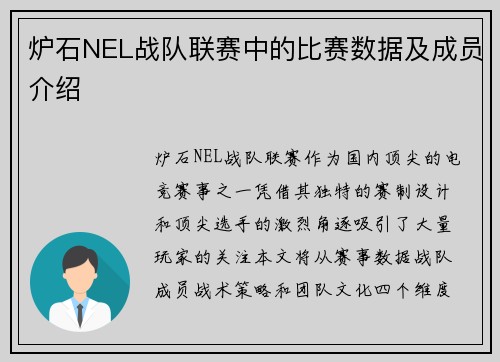 炉石NEL战队联赛中的比赛数据及成员介绍